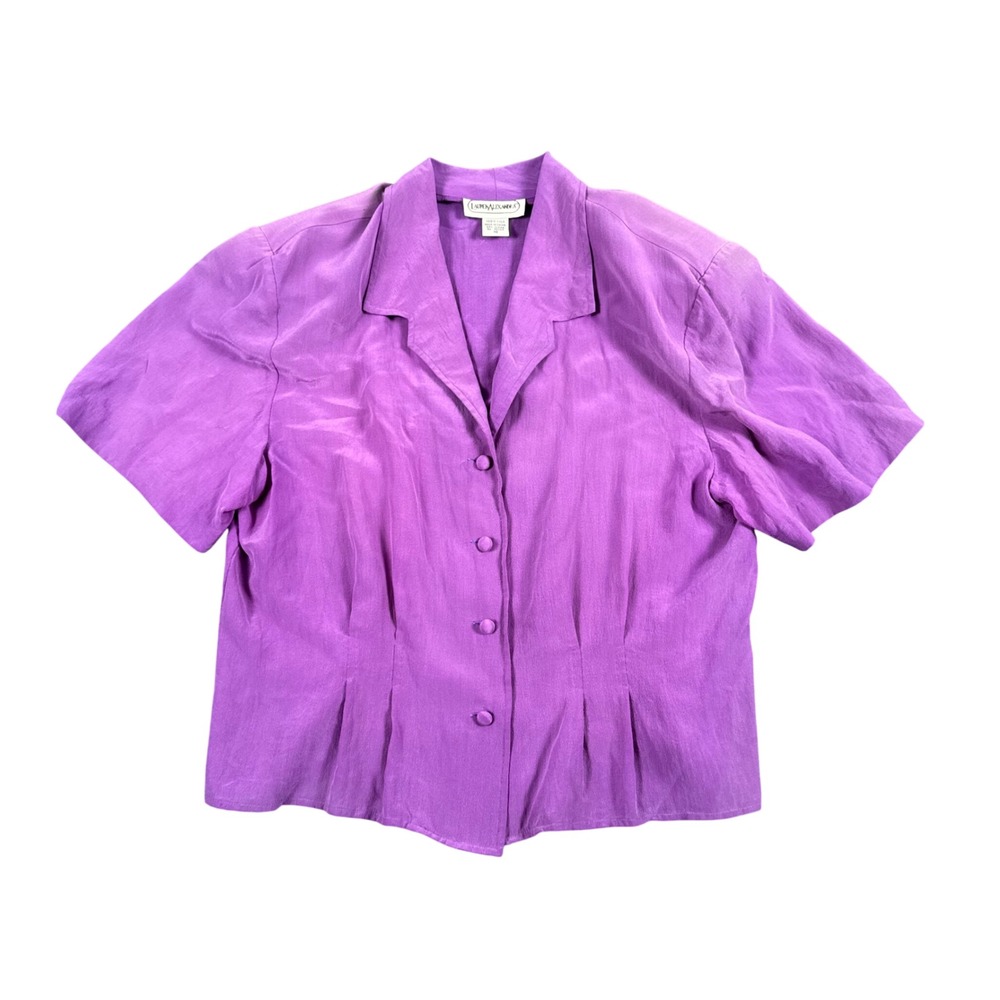 Lauren Alexandra Purple 100% Silk Short Sleeve Button‎ Front Blouse VTG 10 964